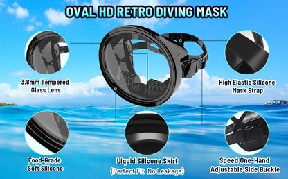Classic Retro Oval Spearfishing Mask - Panoramic Wide View Scuba Diving Goggles with Tempered Glass Lens for Adults