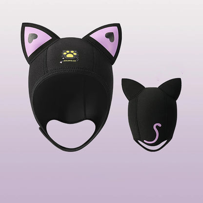 Women's Waterproof 3MM Neoprene Diving Hood - Cute Cat Ears Design with Chin Straps for Swimming & Snorkeling