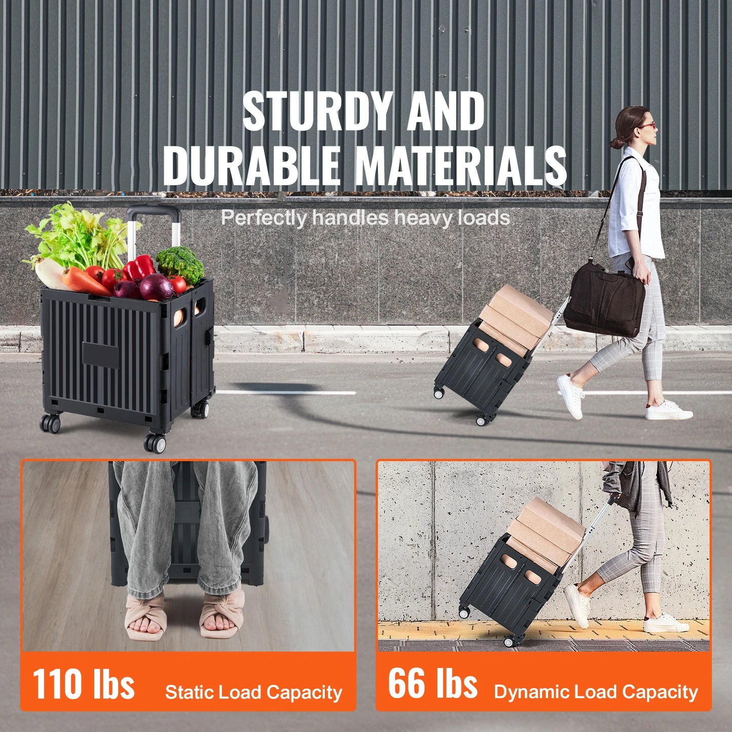 SucceBuy Foldable Utility Cart - Portable Shopping Crate with Telescopic Handle & Wheels for Travel, Office & Garden