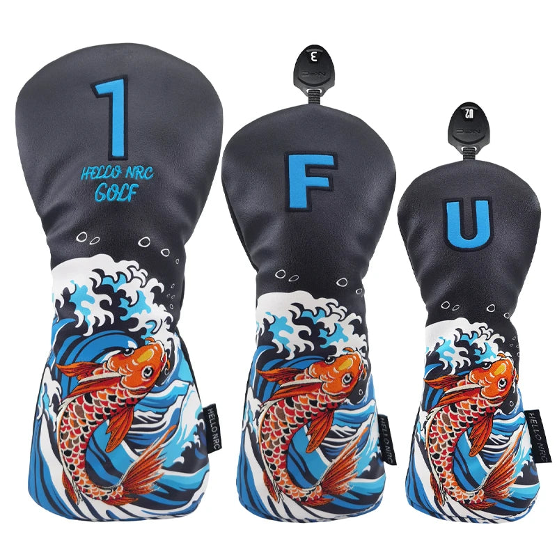 Koi Pattern Golf Club Head Covers – PU Leather, Waterproof, Driver / Fairway / Hybrid / Putter