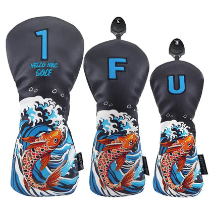 Koi Pattern Golf Club Head Covers – PU Leather, Waterproof, Driver / Fairway / Hybrid / Putter