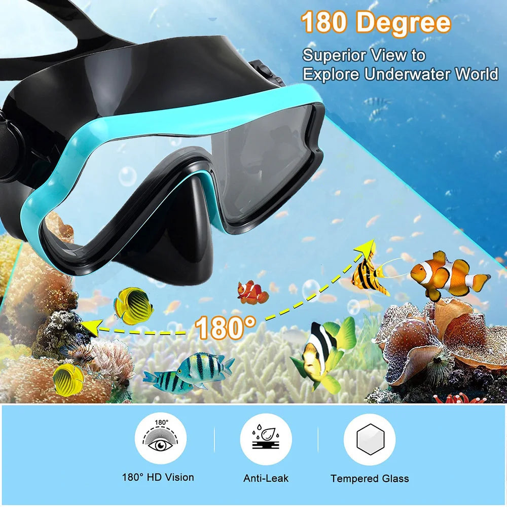 Professional Adult Diving Mask & Snorkel Kit - Tempered Glass Panoramic Swimming Goggles with Training Snorkel Gear