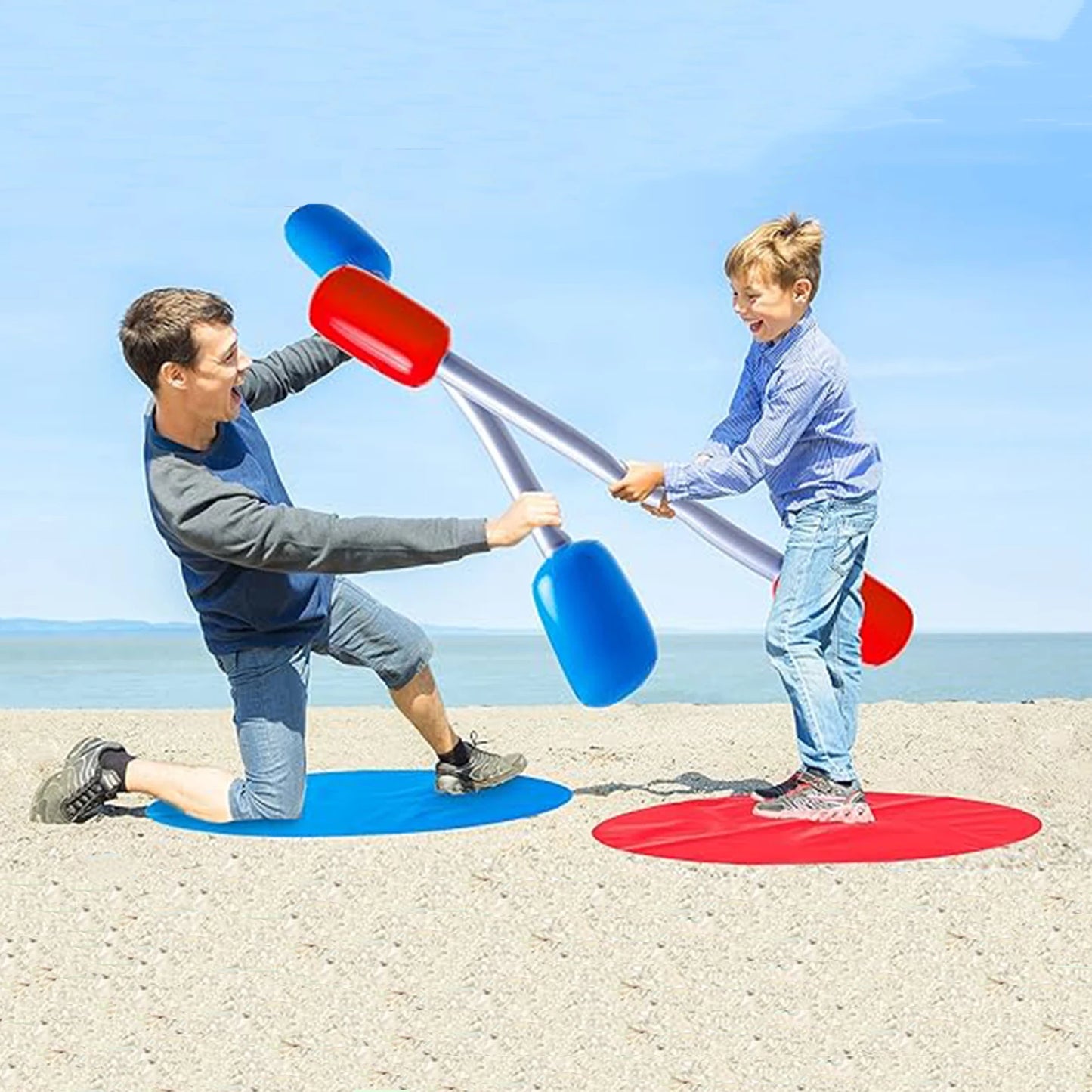 Inflatable Party Game Sticks Set - Red & Blue PVC Air Hammer Yard Game with Mats for Kids Boys Girls