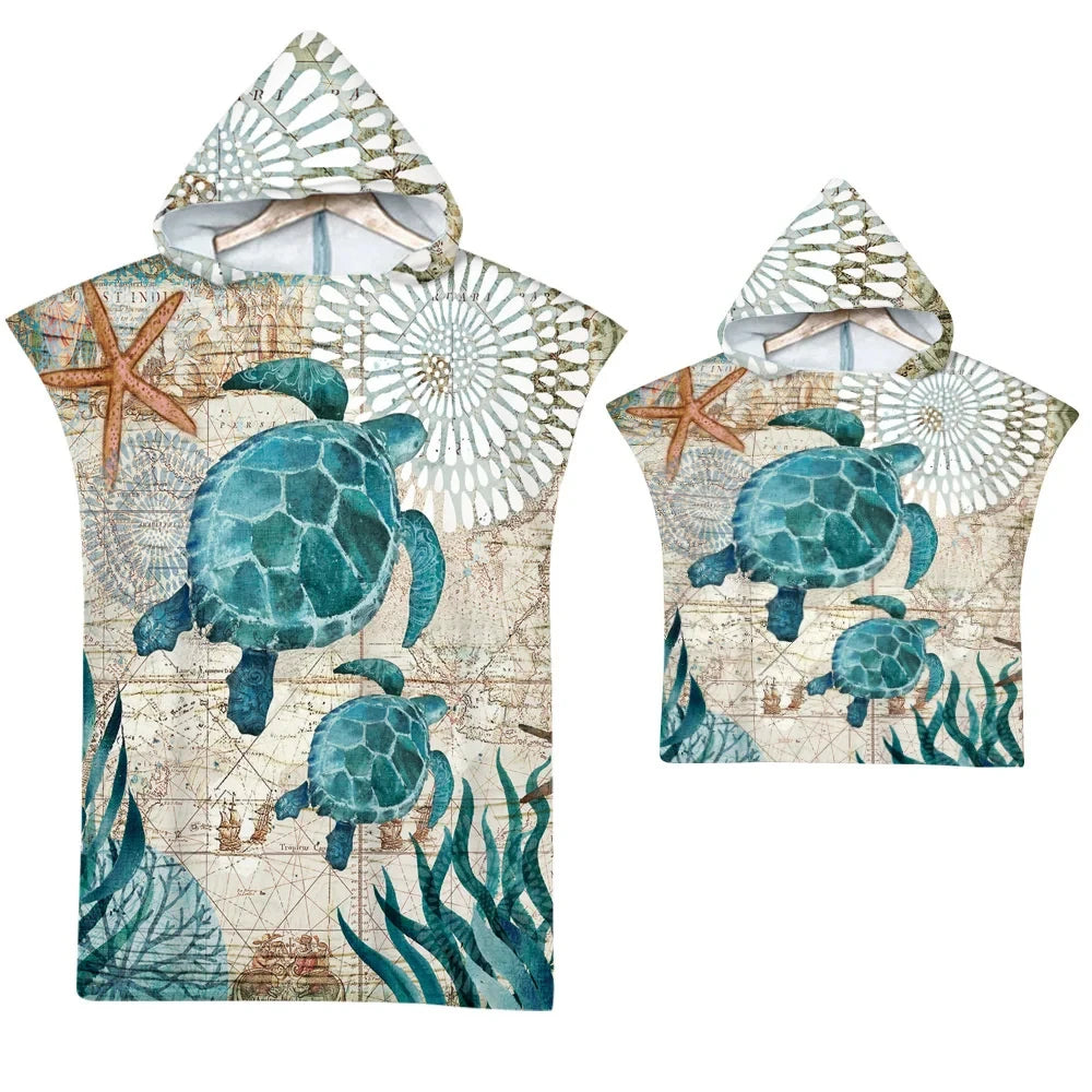 Quick-Dry Microfiber Hooded Towel Poncho with Printed Design - Beach & Water Sports Changing Robe