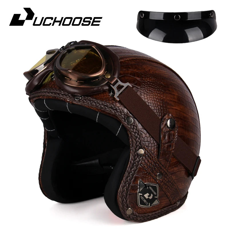 Retro Open Face 3/4 Motorcycle Helmet - Classic PU Leather Chopper & Bicycle Helmet (Vintage Style)