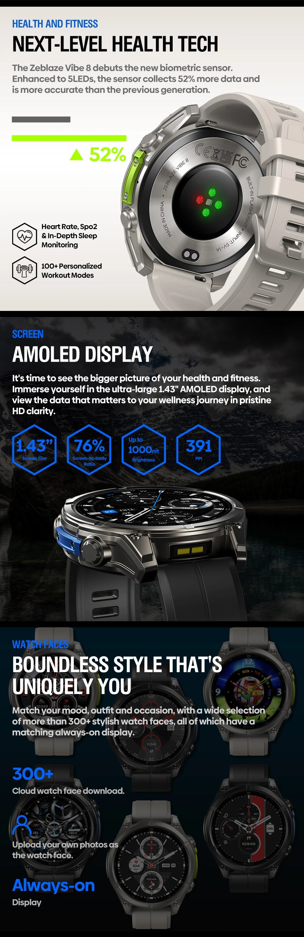 1.43" AMOLED Smart Watch with Voice Calling - Built-in Flashlight, Heart Rate & Blood Pressure Monitor