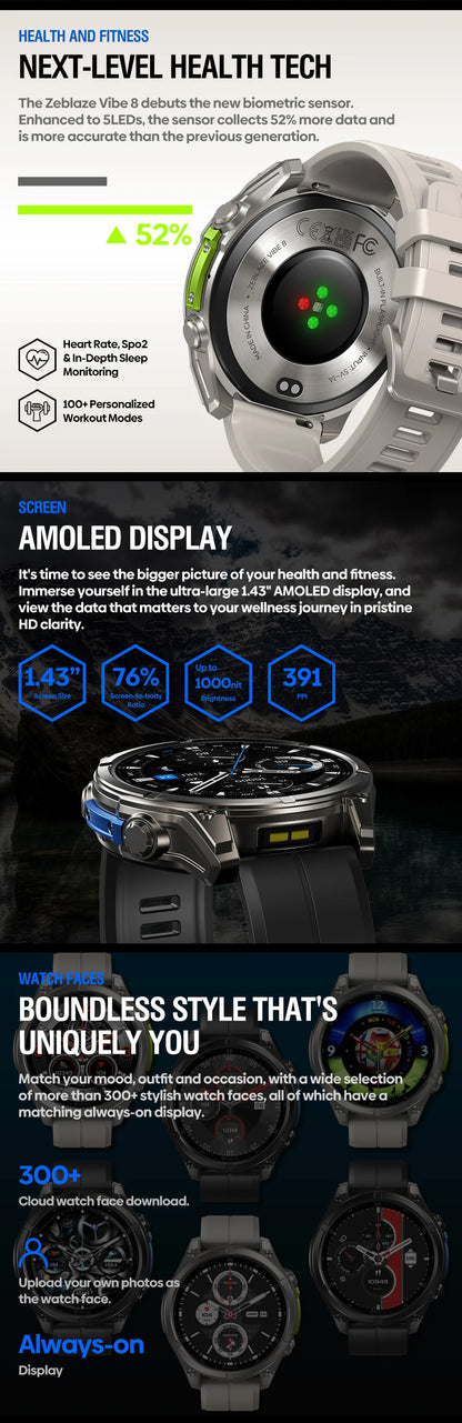 1.43" AMOLED Smart Watch with Voice Calling - Built-in Flashlight, Heart Rate & Blood Pressure Monitor