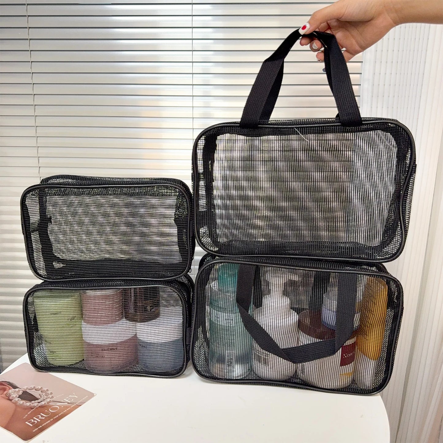 Large Capacity Mesh Toiletry Organizer - Travel Bathroom Storage Bag