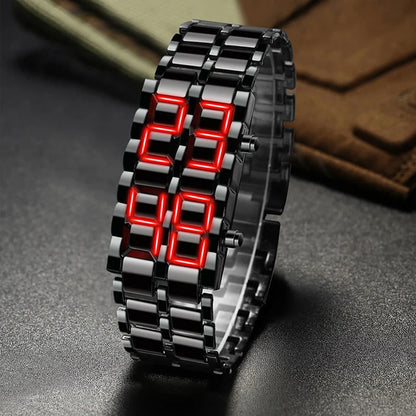 LED Digital Sports Watch - Full Metal Lava Style Wristwatch with Alarm & Calendar (Red/Blue Display)
