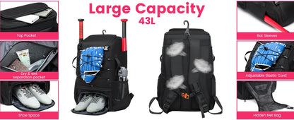Youth Baseball Softball Backpack - Large Capacity Equipment Bag with Shoe Compartment