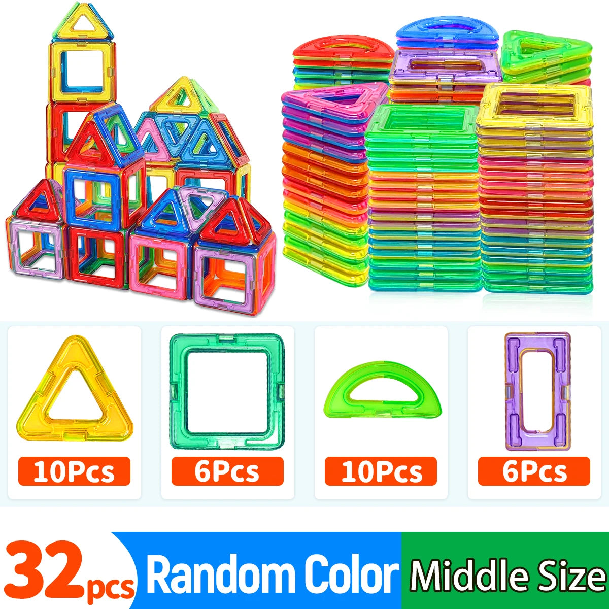 Magnetic Building Blocks Set - Medium Size 60-Piece STEM Construction Toy, Educational DIY Magnet Tiles for Learning & Creative Play