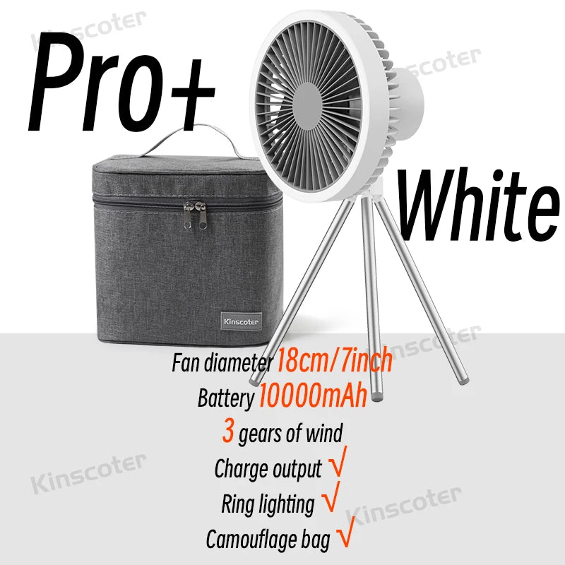 Rechargeable Camping Fan - 10000mAh Power Bank with LED Lighting | Portable Desktop & Wireless Ceiling Electric Circulator Fan