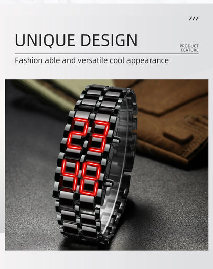 LED Digital Sports Watch - Full Metal Lava Style Wristwatch with Alarm & Calendar (Red/Blue Display)