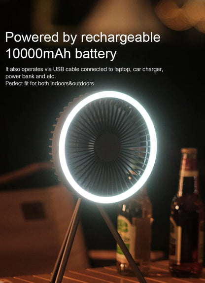 Rechargeable Camping Fan - 10000mAh Power Bank with LED Lighting | Portable Desktop & Wireless Ceiling Electric Circulator Fan