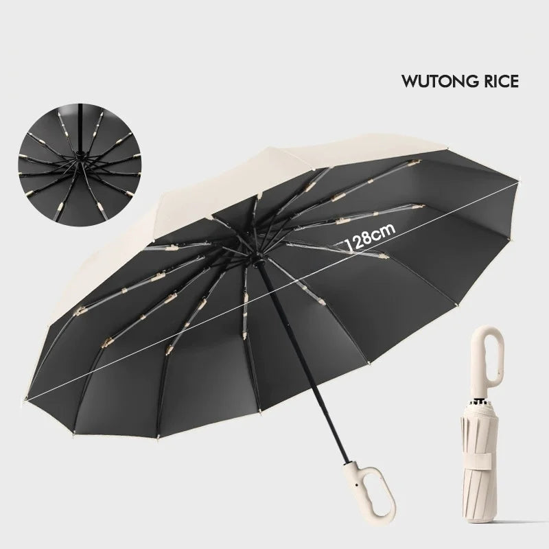 Extra Large 12-Rib Automatic Umbrella - Windproof Dual-Purpose Folding Rain & Sun Umbrella with Ring Buckle & Black Coating