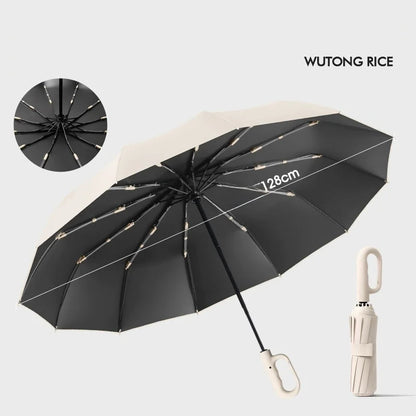 Extra Large 12-Rib Automatic Umbrella - Windproof Dual-Purpose Folding Rain & Sun Umbrella with Ring Buckle & Black Coating