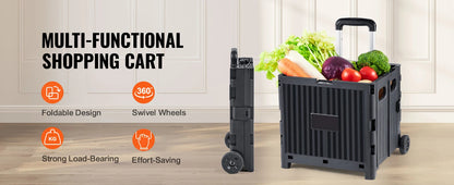 SucceBuy Foldable Utility Cart - Portable Shopping Crate with Telescopic Handle & Wheels for Travel, Office & Garden
