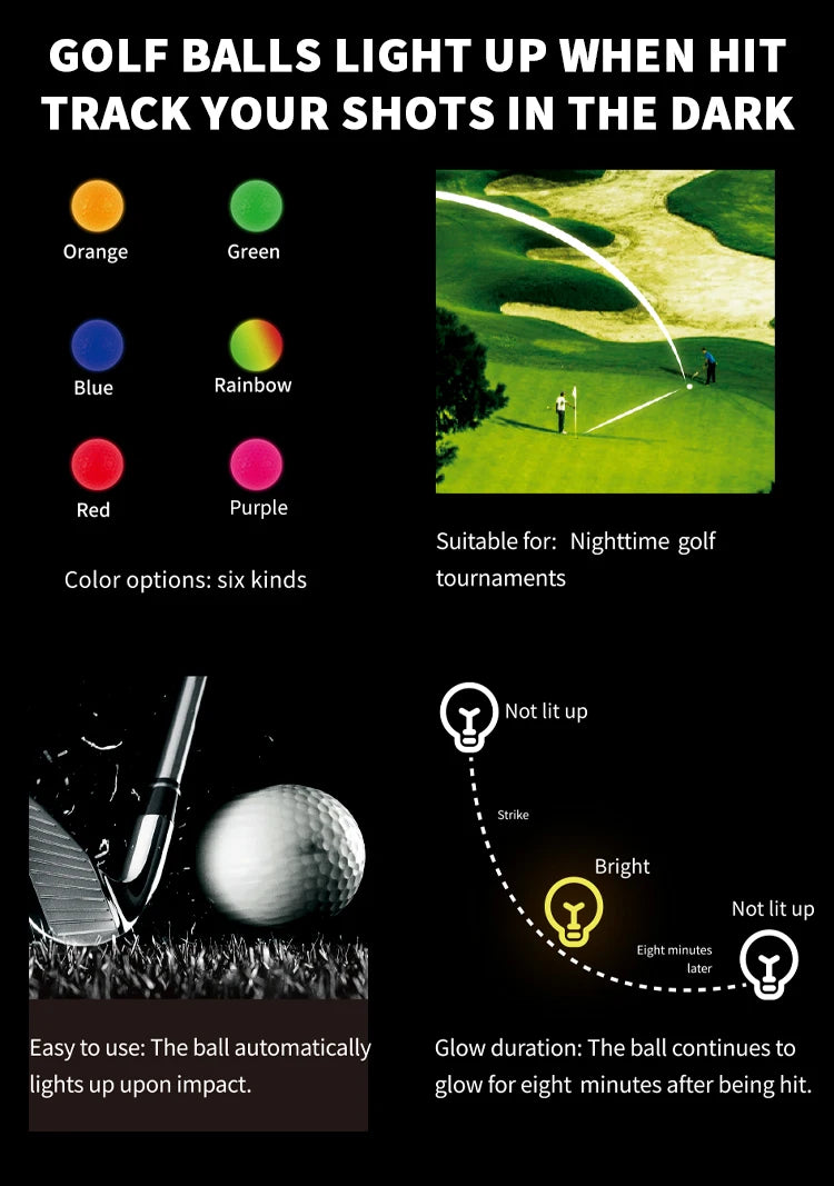 Night Glow Golf Balls - 6 Pack Impact-Activated High-Visibility Balls for Nighttime Play