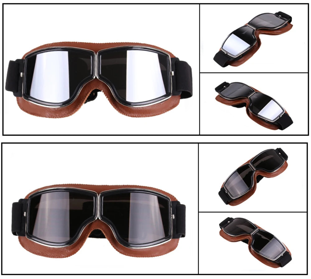Retro Motorcycle Goggles - Windproof Folding Helmet Sunglasses with Leather Trim