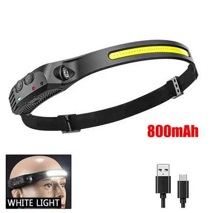 USB Rechargeable COB LED Headlamp with Motion Sensor - Built-in Battery Head Flashlight for Outdoor Camping and Fishing