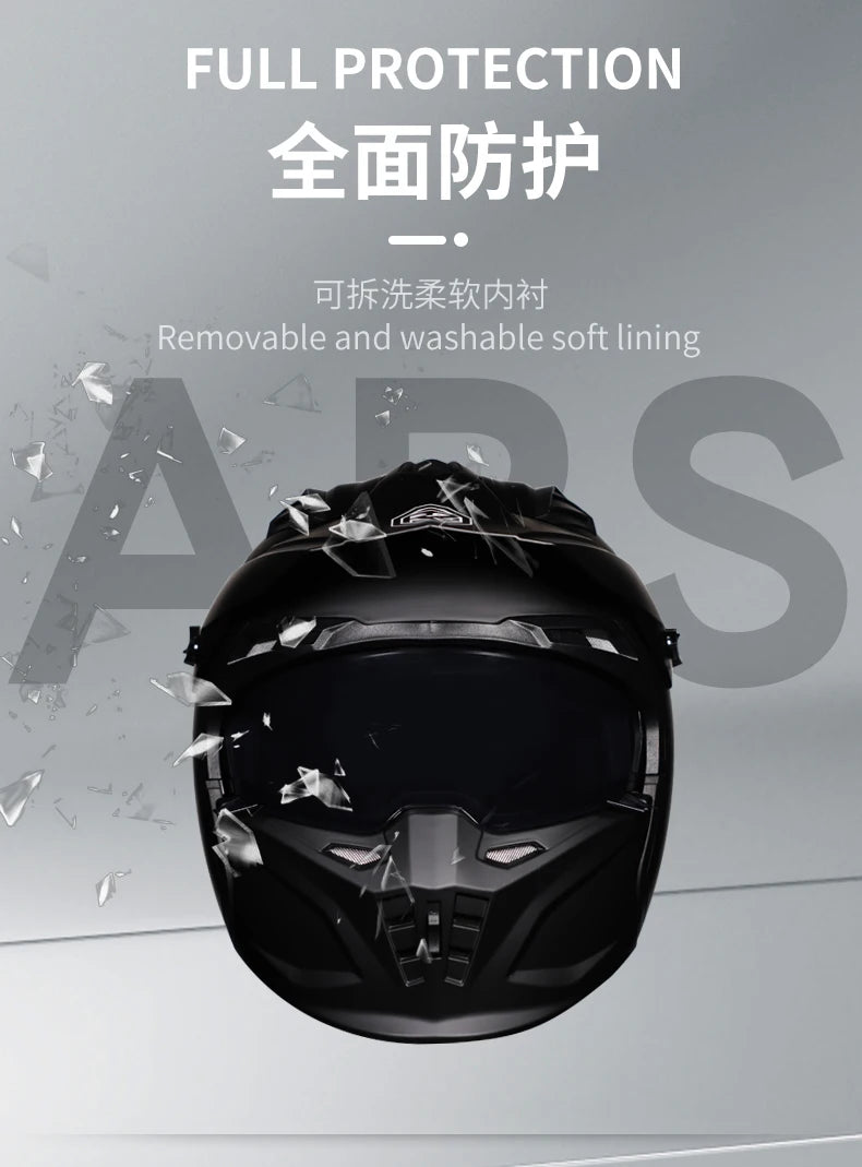 ORZ Black Warrior Vintage Motorcycle Helmet - Full Face & Half Face Combination Helmet for Cruising and Motocross