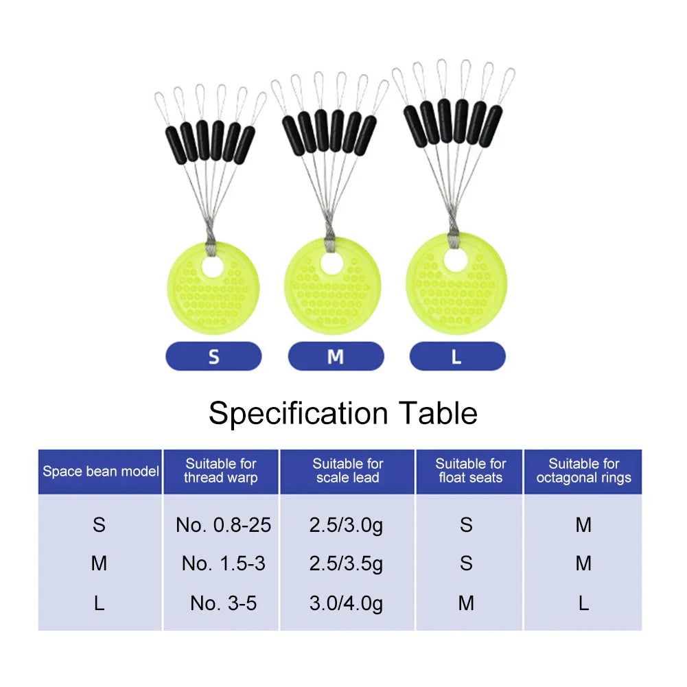 Fishing Line Space Beans Set - 60pcs (10 Groups) Rubber Stoppers, Oval & Long Column Shaped Vertical Bobber Tools