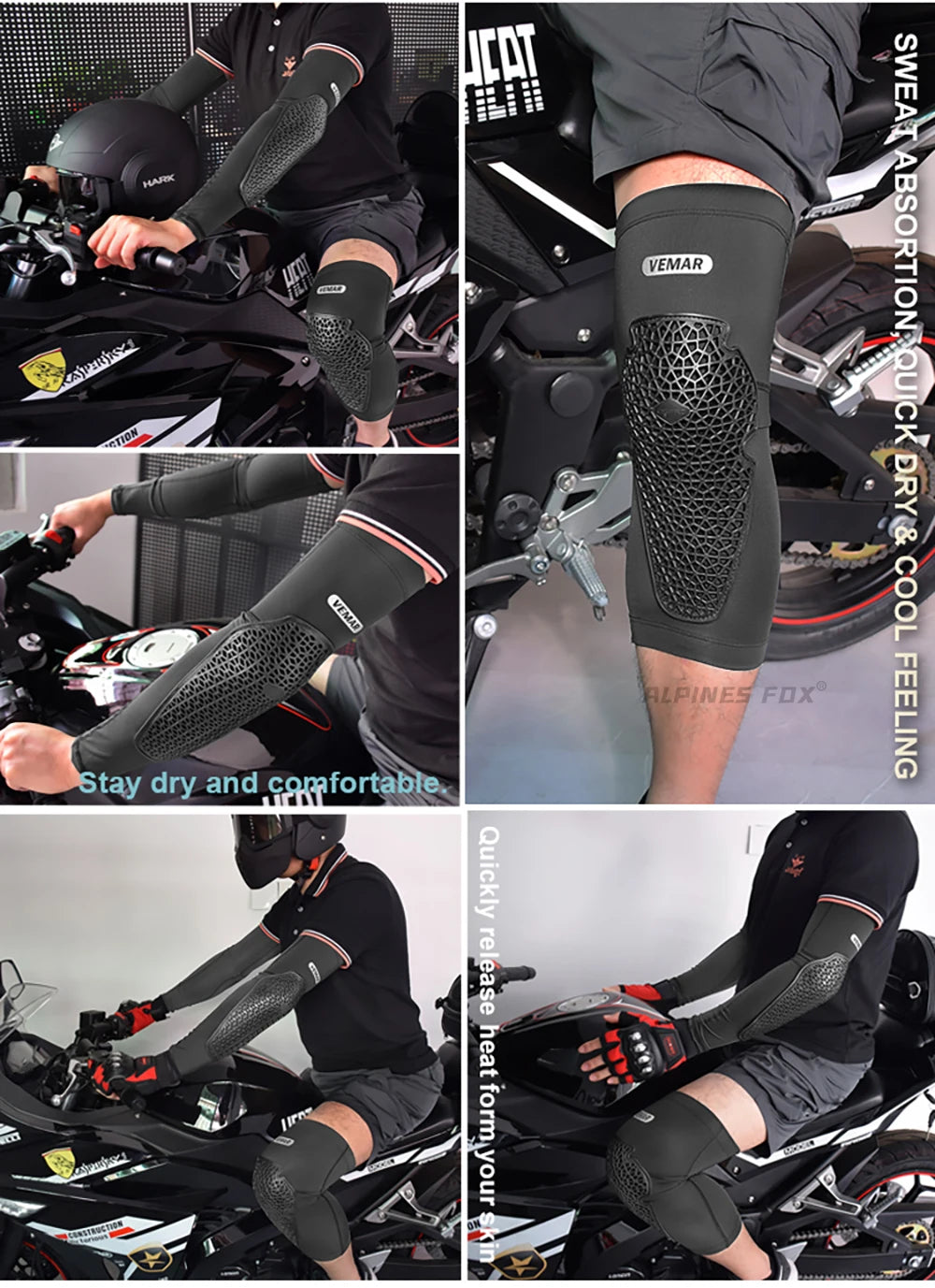 VEMAR Motorcycle Knee and Elbow Pads - Breathable Anti-Fall Protection Guards for Motocross, MTB, DH Cycling - High Elasticity Sleeves