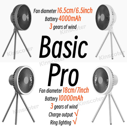 Rechargeable Camping Fan - 10000mAh Power Bank with LED Lighting | Portable Desktop & Wireless Ceiling Electric Circulator Fan