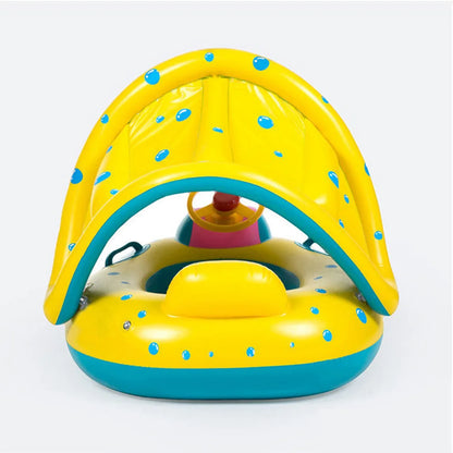 Yellow Inflatable Baby Swimming Pool Float - 1 Piece Sunshade Seat Ring with Steering Wheel