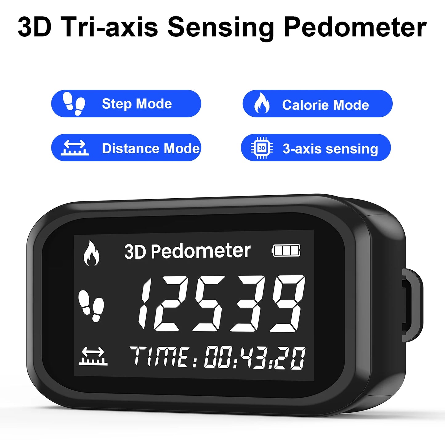 Rechargeable 3D Pedometer with LCD Display - Accurate Step Counter & Calorie Tracker for Running, Walking & Fitness