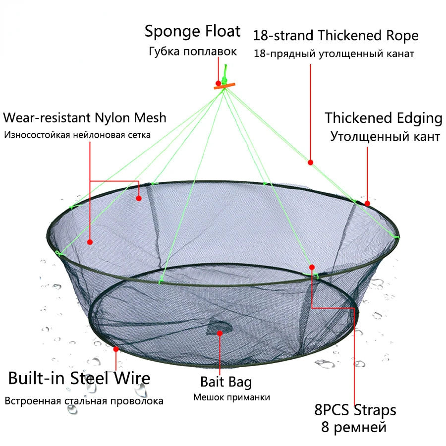 80CM Collapsible Drop Net - Multi-Purpose Fishing Trap for Shrimp, Crab, Prawn & Eel Catching with Loose Mouth Design