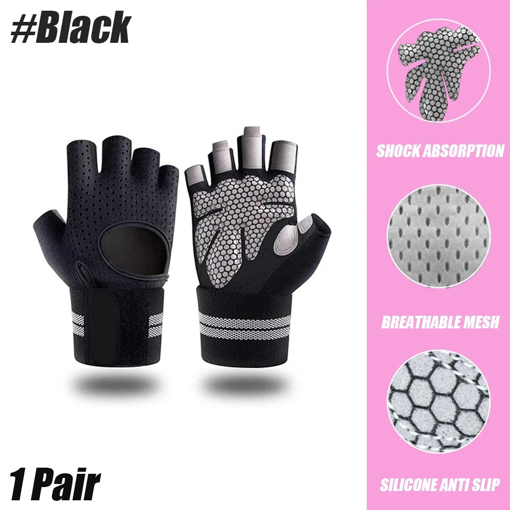 Half-Finger Workout Gloves with Wrist Support - Weight Lifting & Gym Training