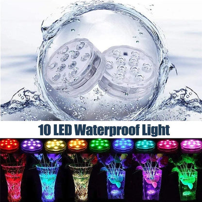 RGB LED Underwater Light - 10 LED Battery Powered Submersible Night Lamp for Swimming Pools, Gardens, Weddings & Party Decorations