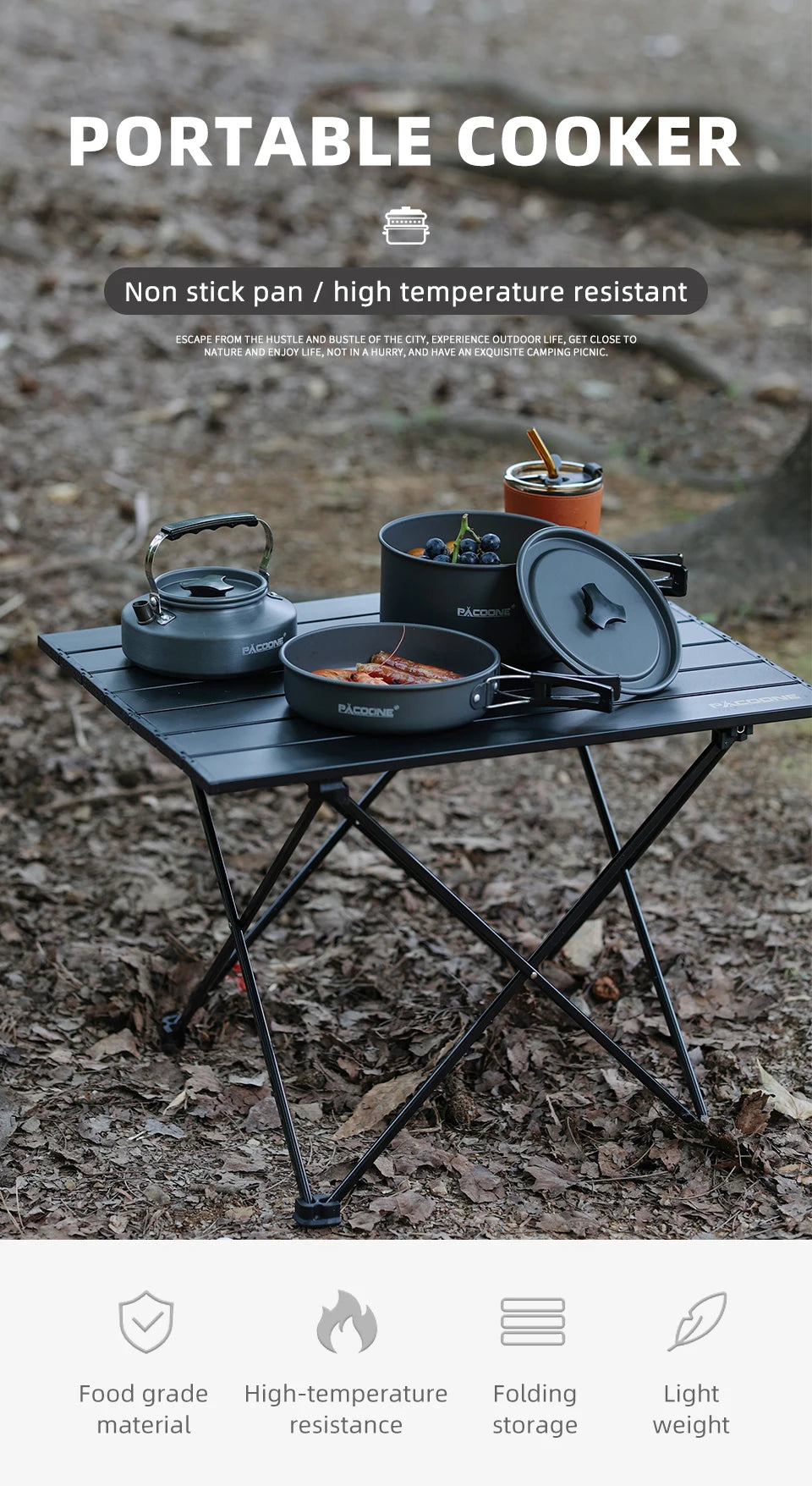 PACOONE Portable Camping Cookware Set - Complete Outdoor Cooking Kit with Pot, Kettle, Pan & Tableware for Hiking and Picnic