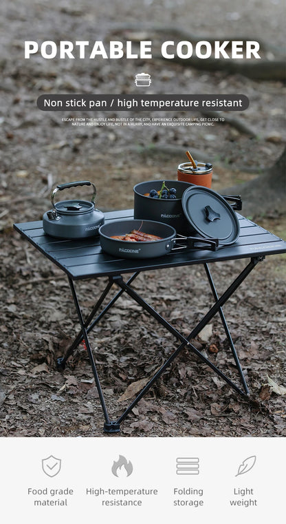PACOONE Portable Camping Cookware Set - Complete Outdoor Cooking Kit with Pot, Kettle, Pan & Tableware for Hiking and Picnic