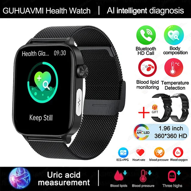 Advanced Health Monitoring Smart Watch - ECG+PPG, Blood Pressure, Heart Rate, 1.96" AMOLED Display, 100+ Sports Modes (Men & Women)