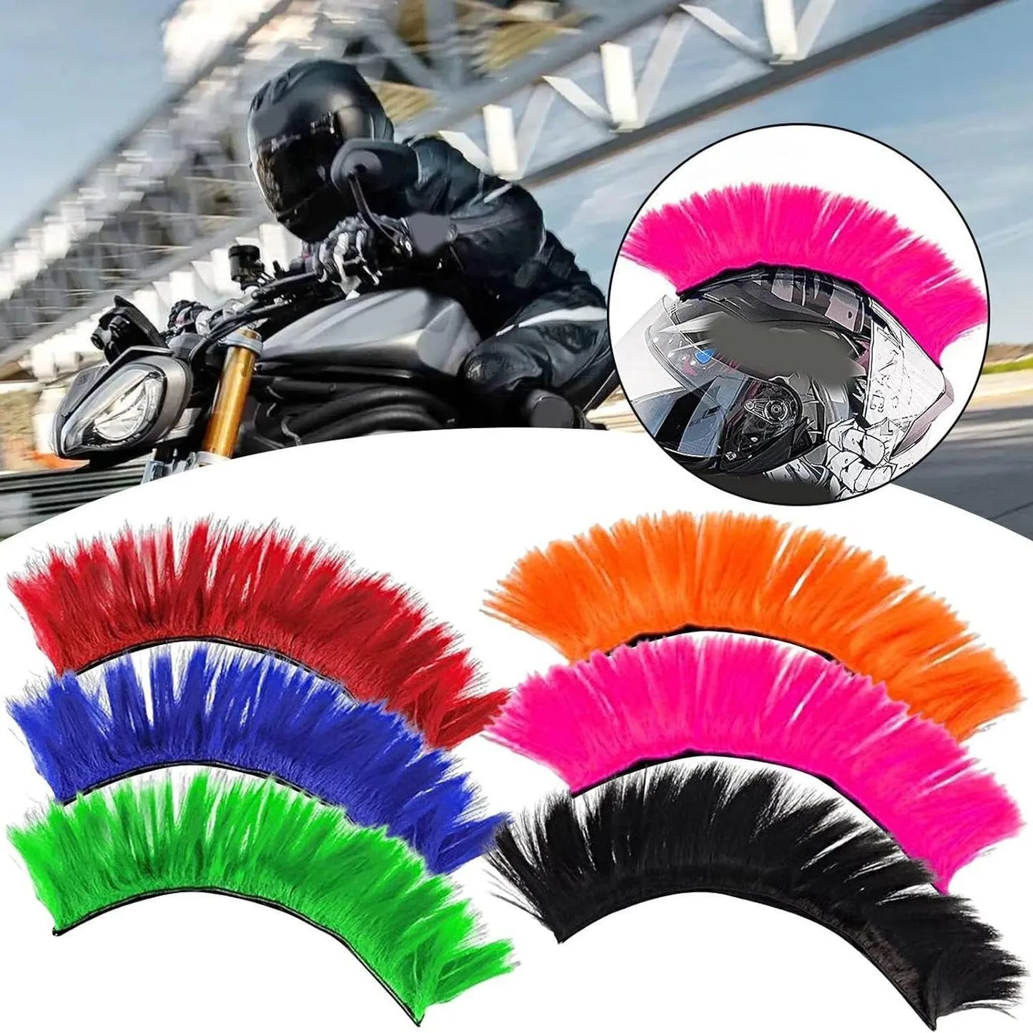 Universal Synthetic Mohawk Hair Sticker - Reusable Motorcycle & Bicycle Helmet Accessory for Outdoor Racing