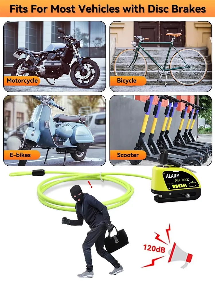 Motorcycle Disc Lock Reminder Cable - 1.2M Yellow Anti-Theft Security Alarm Spring Rope