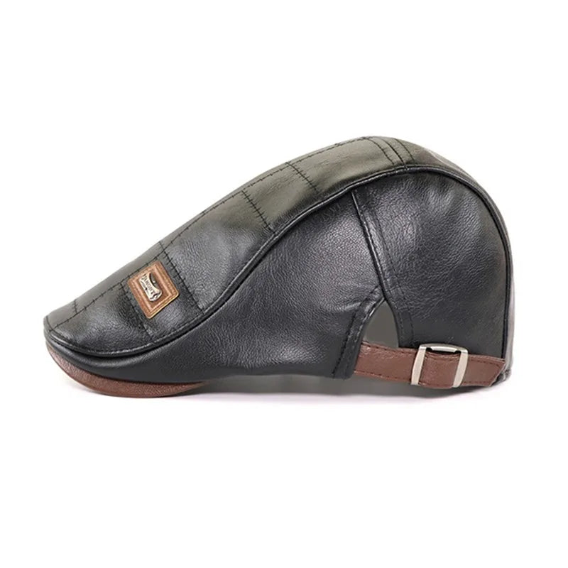 Premium Faux Leather Newsboy Cap - Adjustable Retro Flat Cap for Men