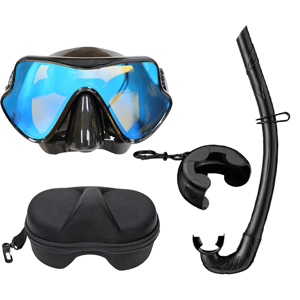 Professional Snorkeling Mask Set Tempered Glass Diving Goggles Foldable Dry Snorkel Tube Travel Case Anti-Fog Silicone