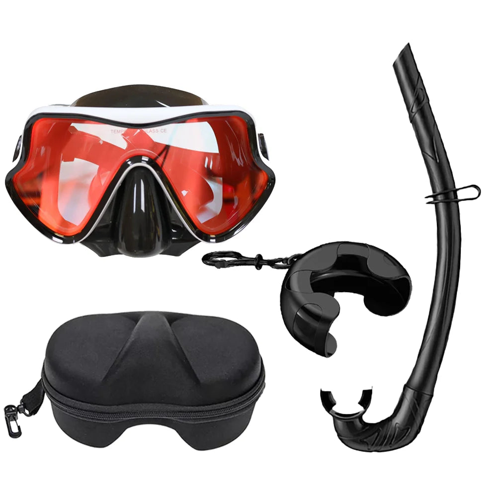 Professional Snorkeling Mask Set Tempered Glass Diving Goggles Foldable Dry Snorkel Tube Travel Case Anti-Fog Silicone