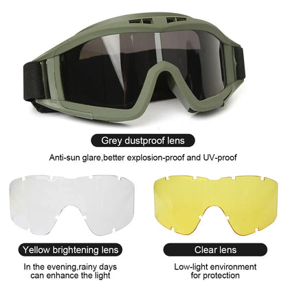 Tactical Airsoft Goggles - 3 Interchangeable Lens - Windproof Dustproof Protection for Shooting, Motocross, Motorcycle & Mountaineering