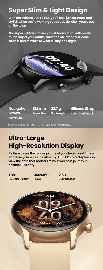 Zeblaze Btalk 3 Plus Smart Watch - 1.39'' HD Display with Voice Calling & Fitness Tracking for Men & Women