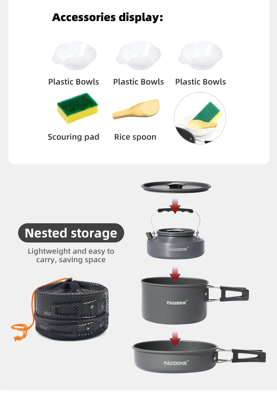 PACOONE Portable Camping Cookware Set - Complete Outdoor Cooking Kit with Pot, Kettle, Pan & Tableware for Hiking and Picnic