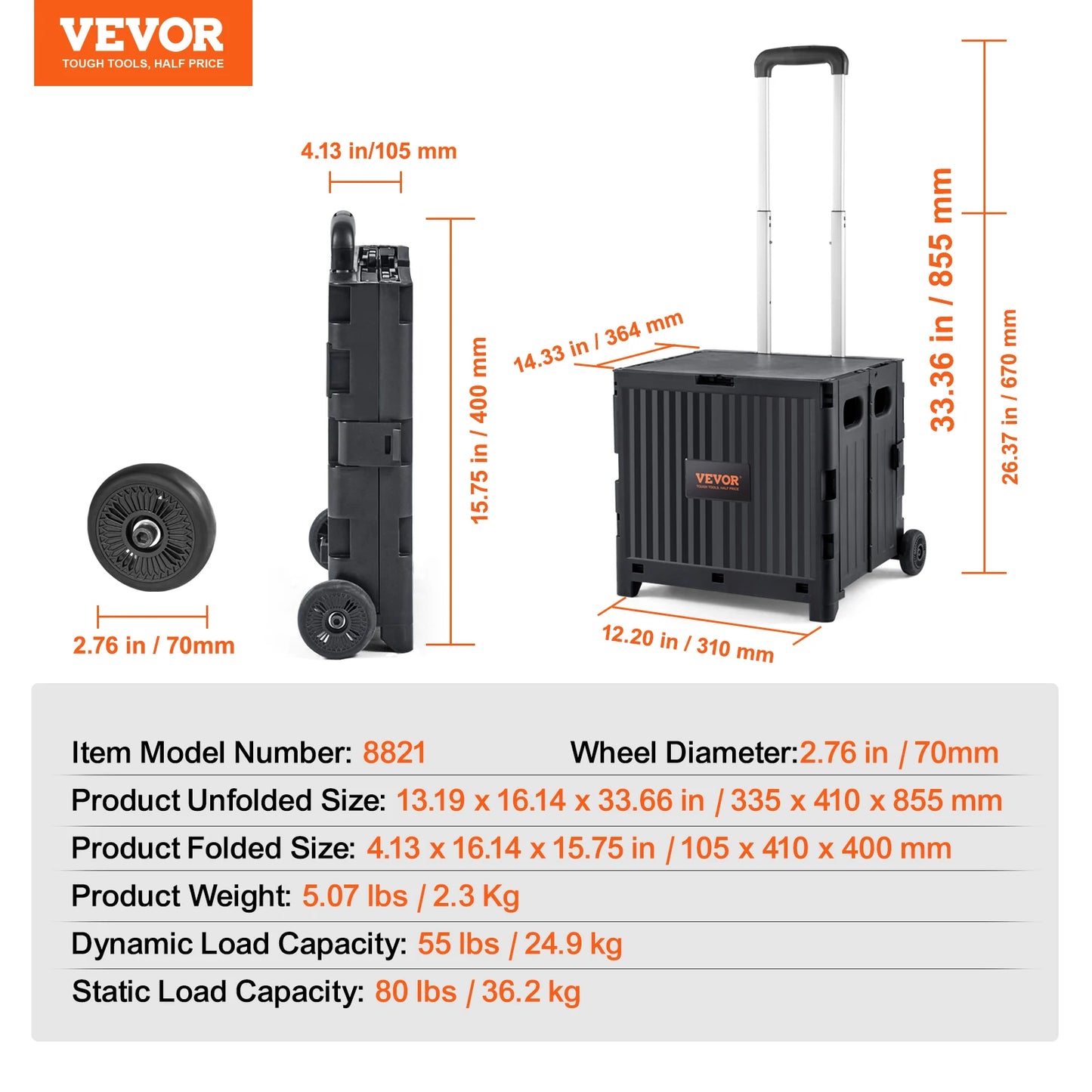 SucceBuy Foldable Utility Cart - Portable Shopping Crate with Telescopic Handle & Wheels for Travel, Office & Garden
