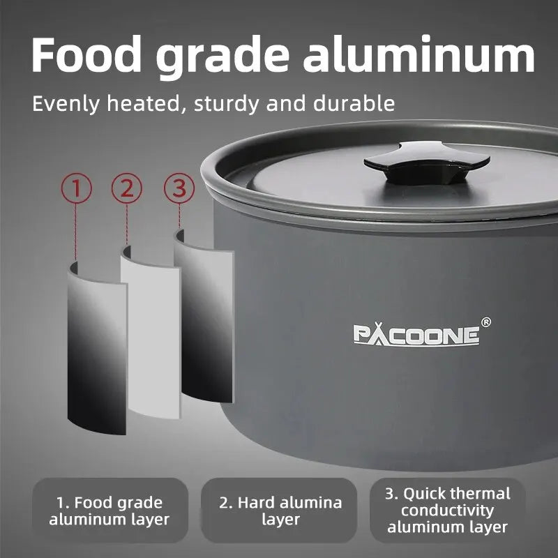 PACOONE Portable Camping Cookware Set - Complete Outdoor Cooking Kit with Pot, Kettle, Pan & Tableware for Hiking and Picnic
