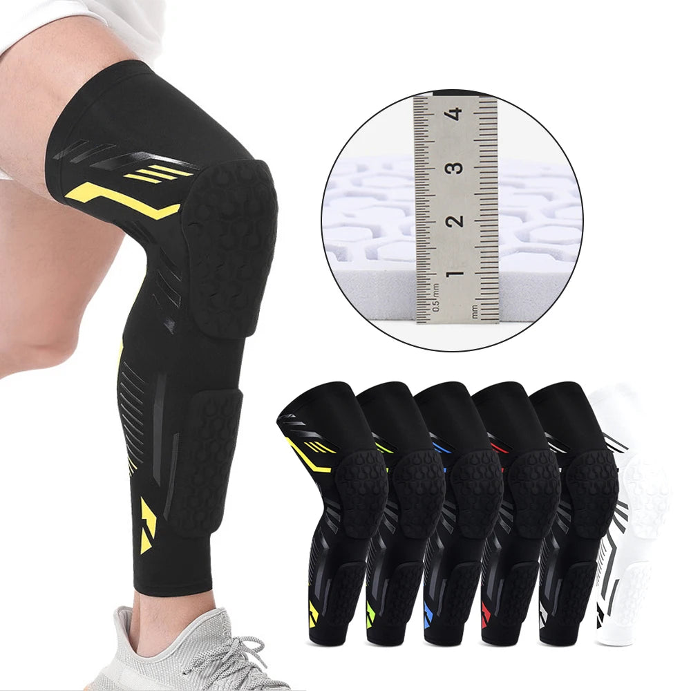 Padded Knee Compression Sleeve - Long Leg Calf Protection Sports Brace for Soccer - Adult & Youth Shin Pads (1 Piece)