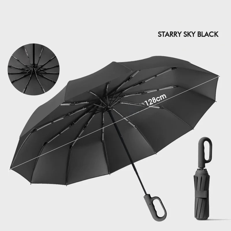Extra Large 12-Rib Automatic Umbrella - Windproof Dual-Purpose Folding Rain & Sun Umbrella with Ring Buckle & Black Coating