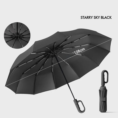 Extra Large 12-Rib Automatic Umbrella - Windproof Dual-Purpose Folding Rain & Sun Umbrella with Ring Buckle & Black Coating