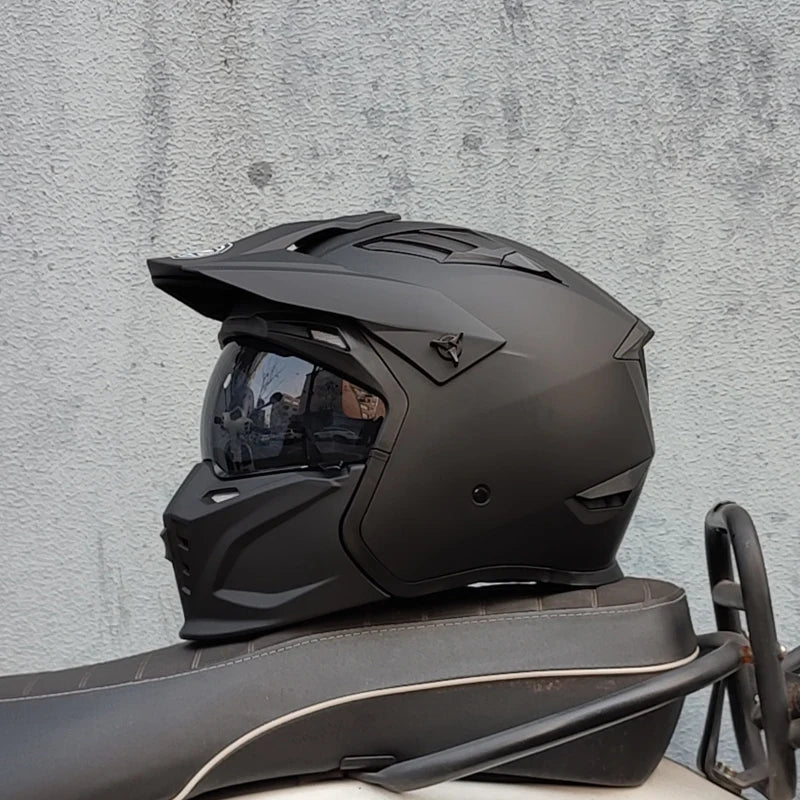 ORZ Black Warrior Vintage Motorcycle Helmet - Full Face & Half Face Combination Helmet for Cruising and Motocross